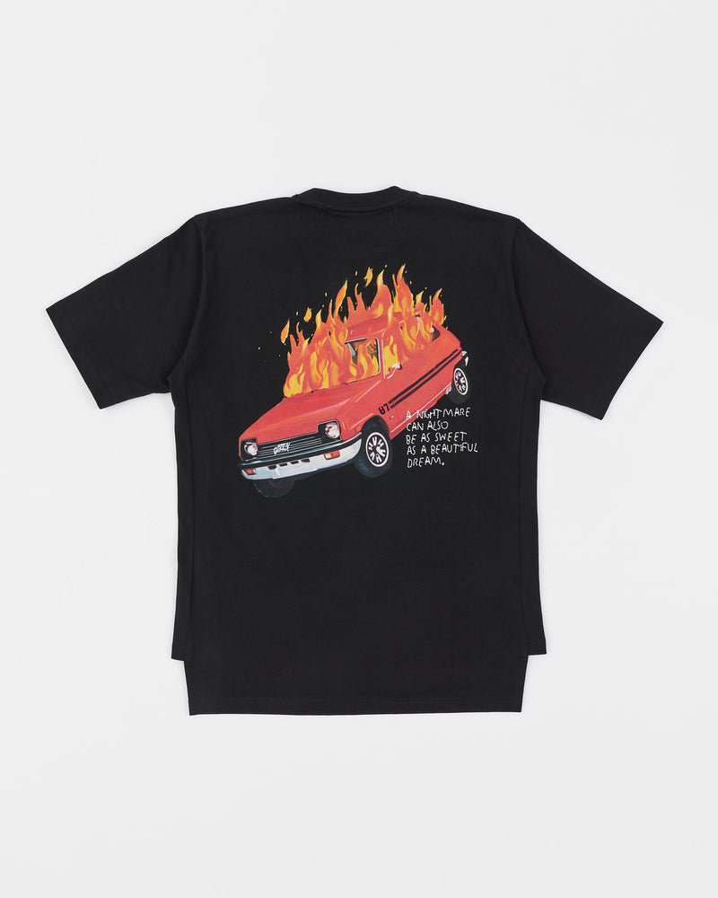 BURNING CAR BLACK T-SHIRT