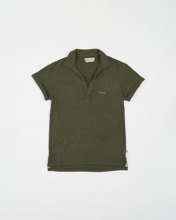MILITARY GREEN KNITTED WIDE NECK POLO